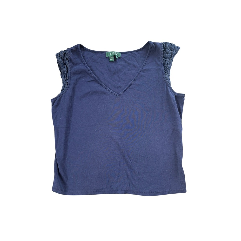 Lauren Ralph Lauren Navy Sleeveless Top Lace Shoulder V Neck Womens